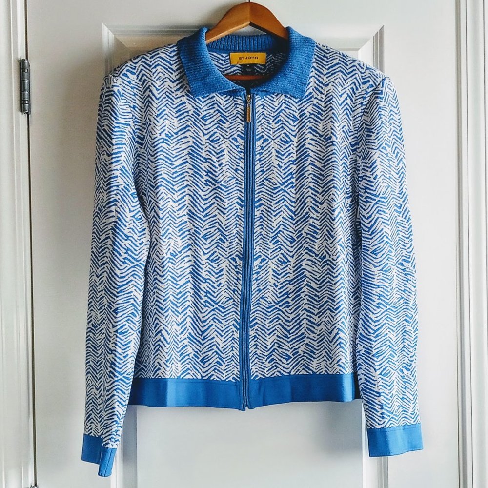 St. John Blue & White Knit Full Zip Wool Cardigan
